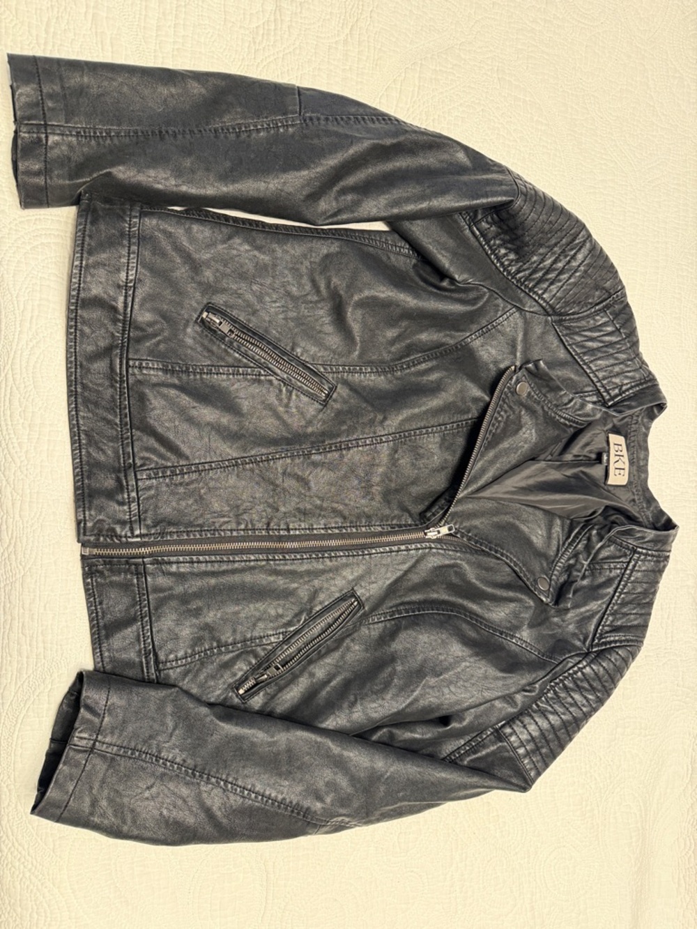 BKE Black Faux Leather Biker Jacket with Quilted Shoulders